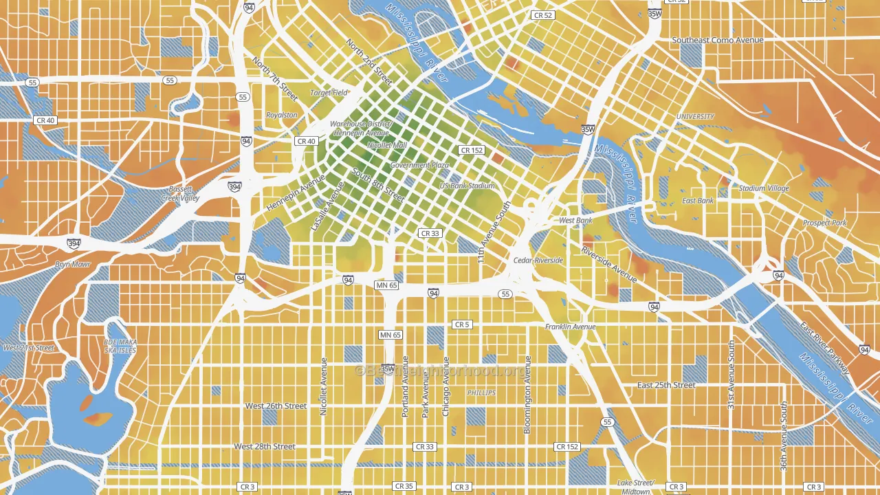 Transit Grade map of Elliot Park, Minneapolis, MN