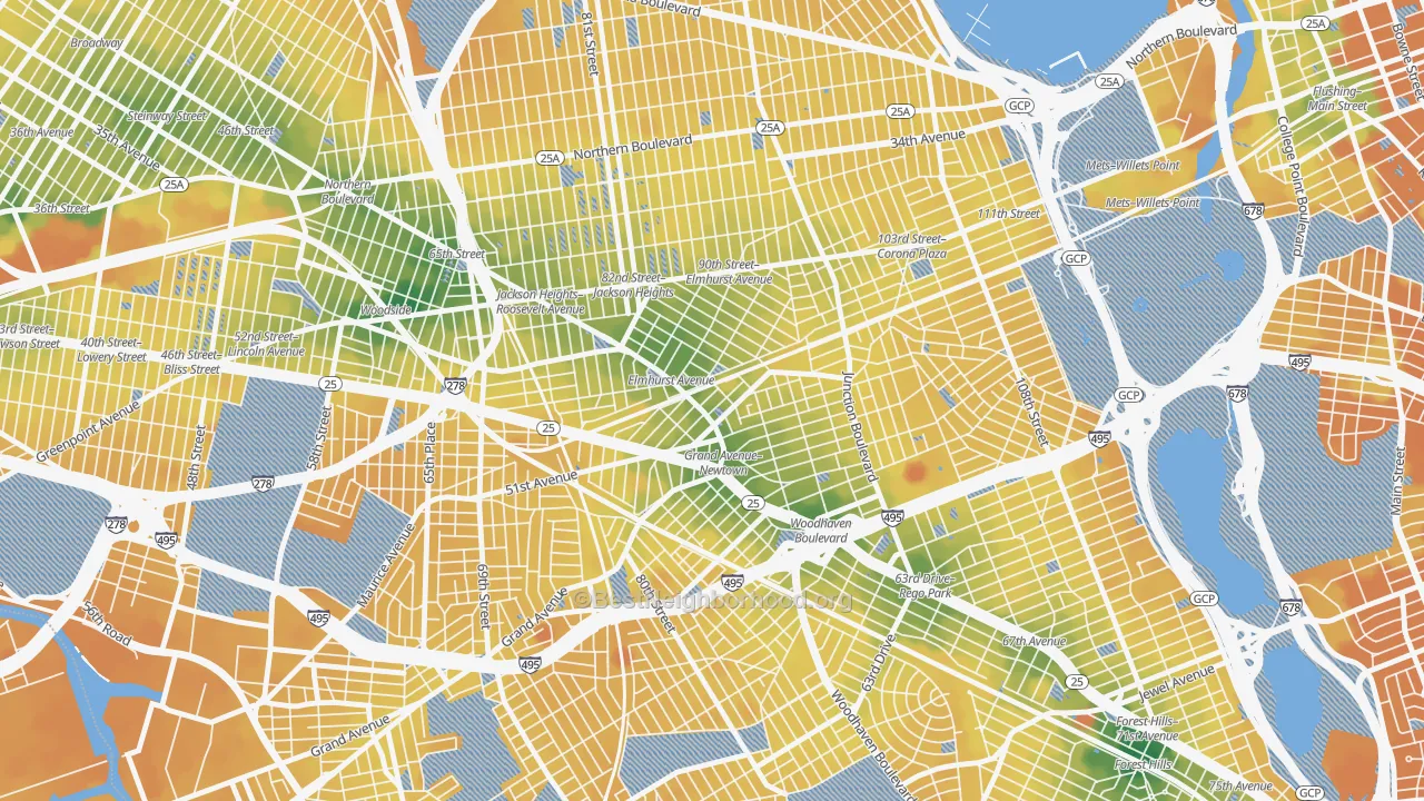 Transit Grade map of Elmhurst, Queens, NY