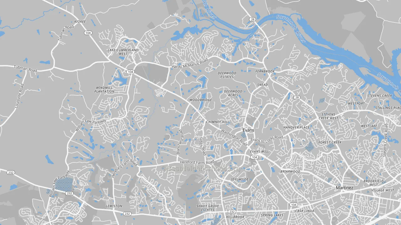 Transit Grade map of Evans, GA
