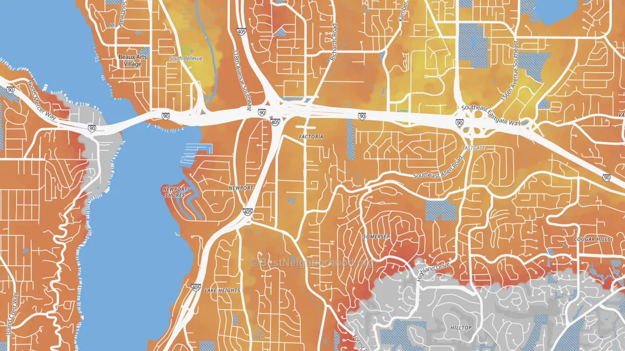 Transit Grade map of Factoria, Bellevue, WA