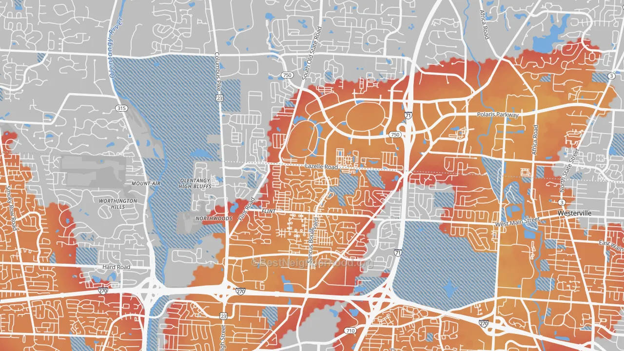 Transit Grade map of Far North, Columbus, OH