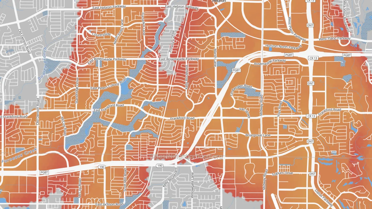 Transit Grade map of Far North Dallas-Carrollton, Carrollton, TX