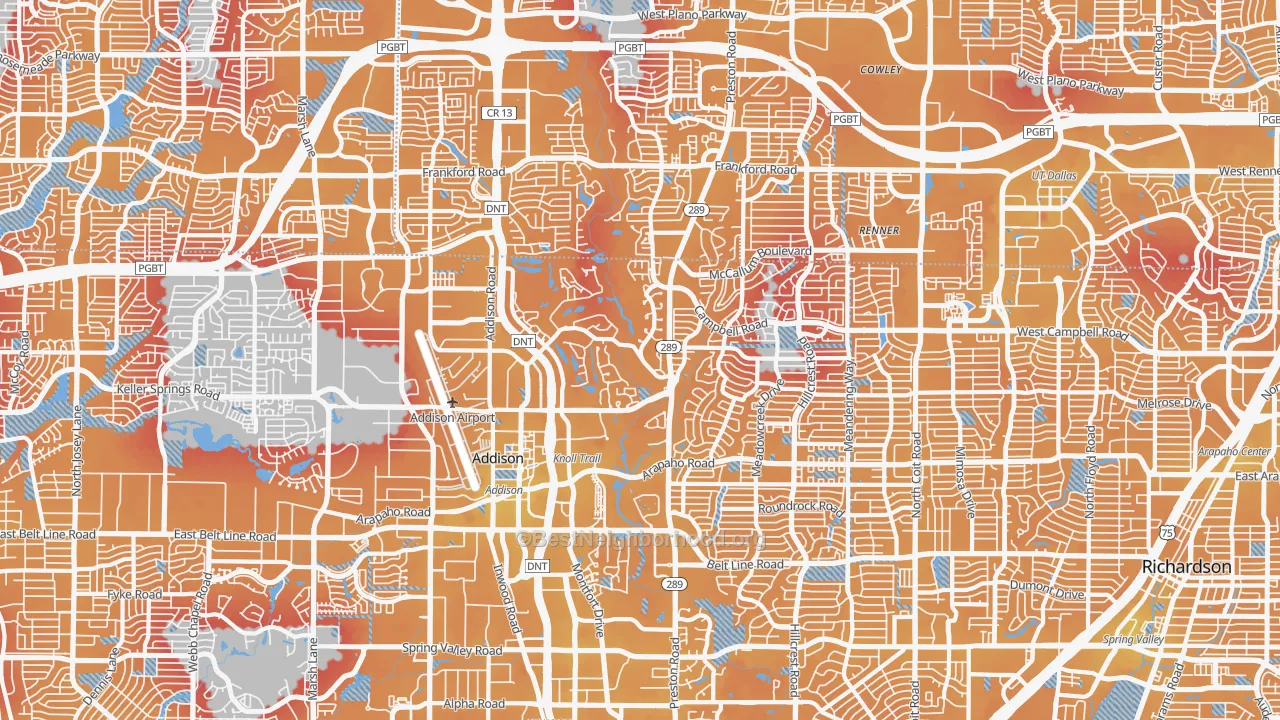 Transit Grade map of Far North Dallas, Dallas, TX
