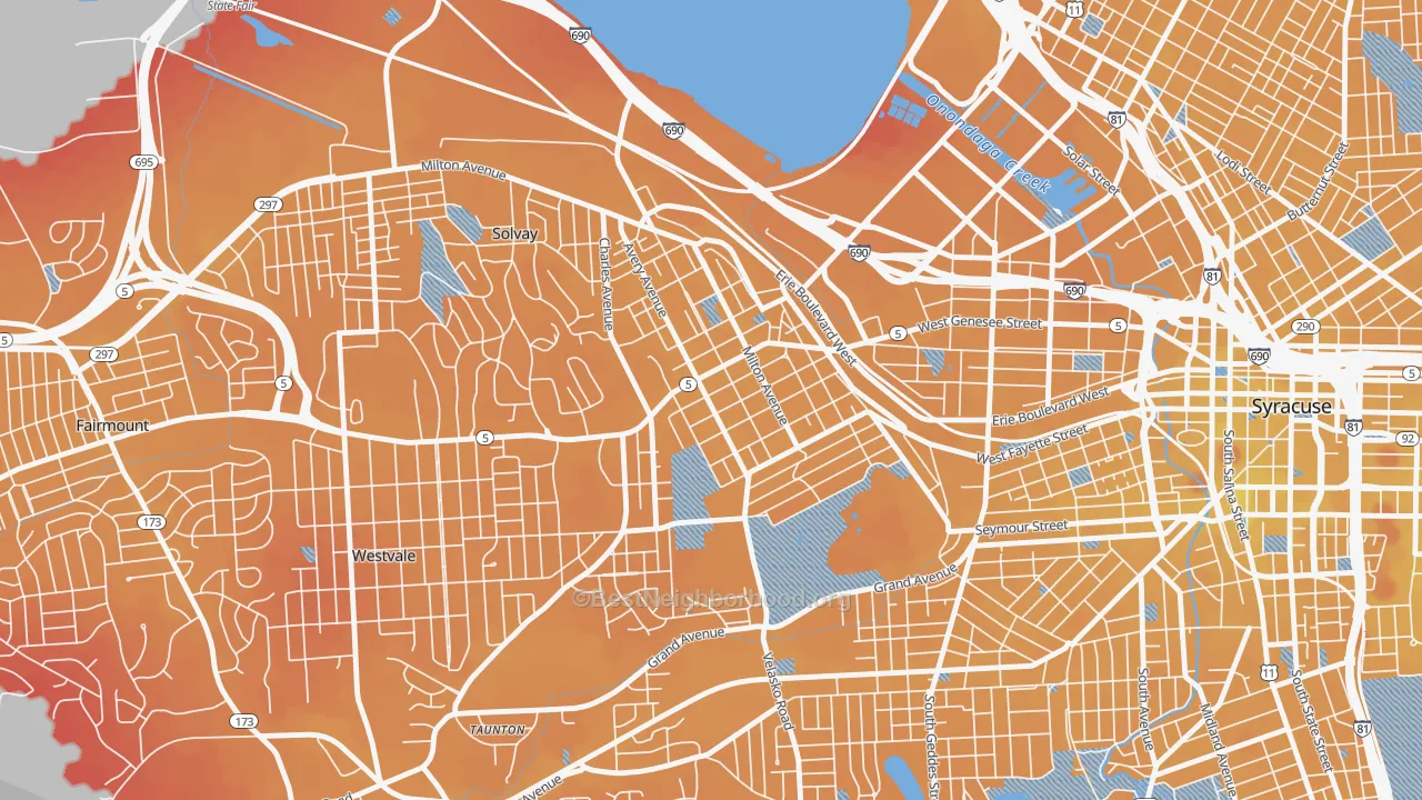 Transit Grade map of Far Westside, Syracuse, NY