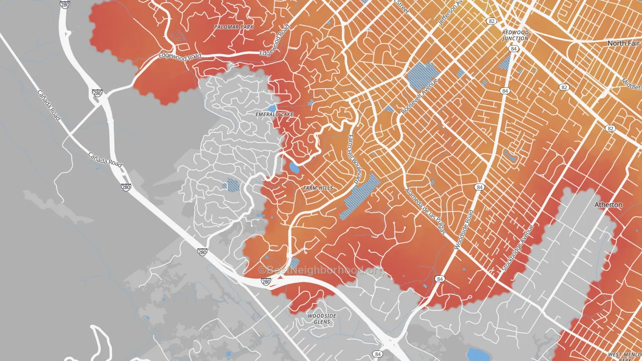 Transit Grade map of Farm Hills, Redwood City, CA