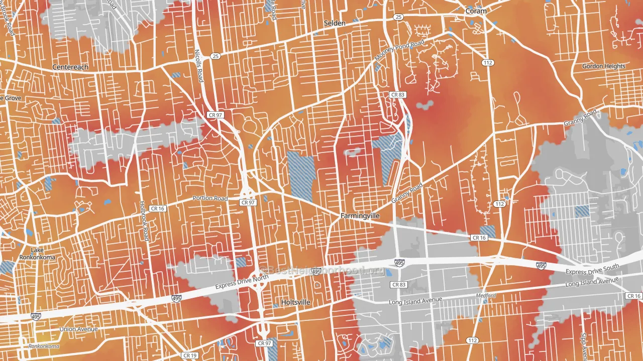 Transit Grade map of Farmingville, NY