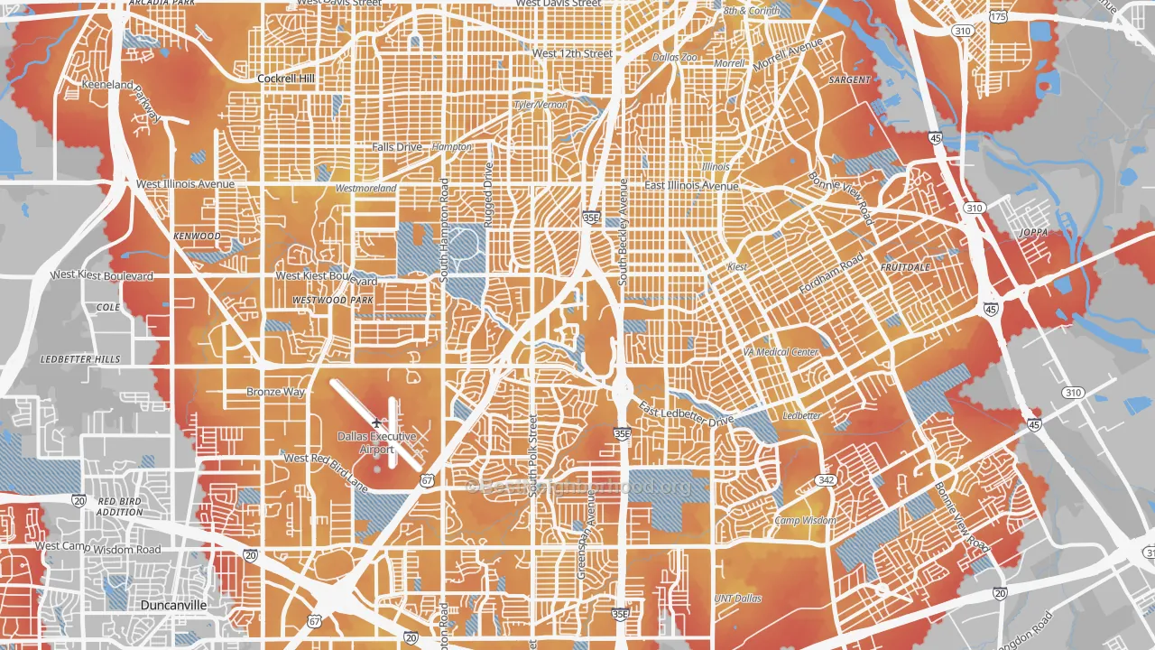 Transit Grade map of Five Mile Creek, Dallas, TX