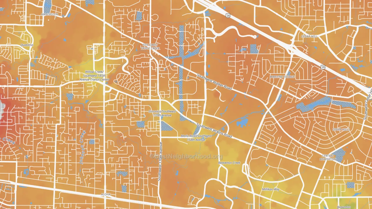 Transit Grade map of Five Oaks, Beaverton, OR