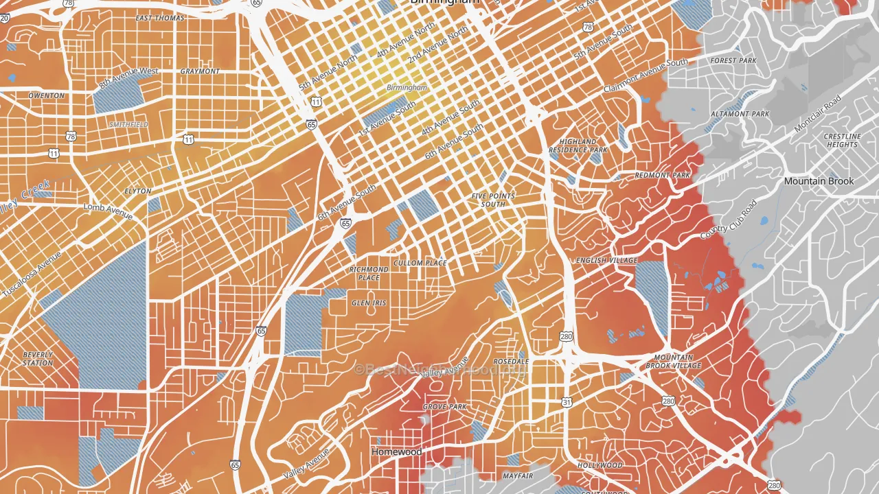 Transit Grade map of Five Points South, Birmingham, AL