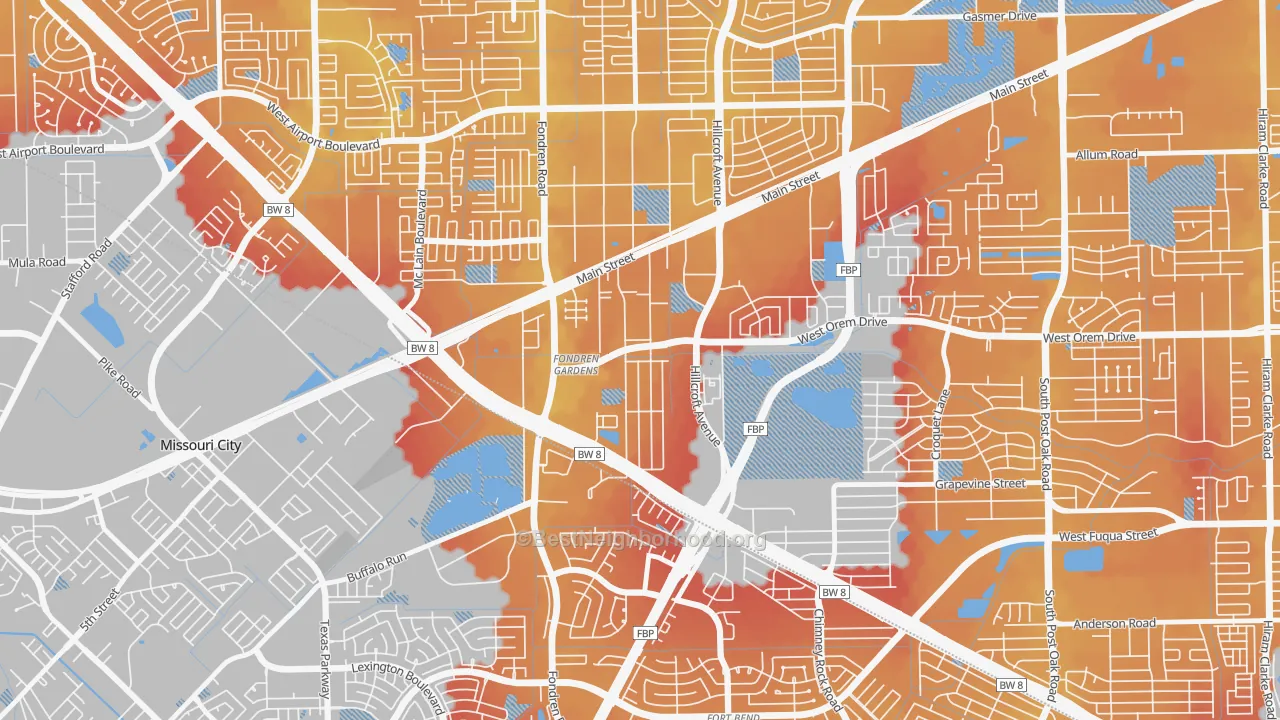 Transit Grade map of Fondren Gardens, Houston, TX