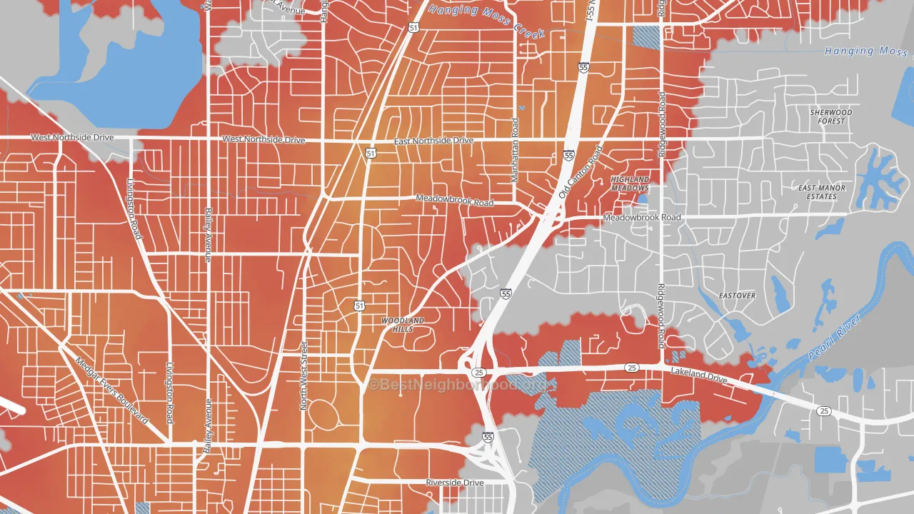 Transit Grade map of Fondren North Renaissance, Jackson, MS