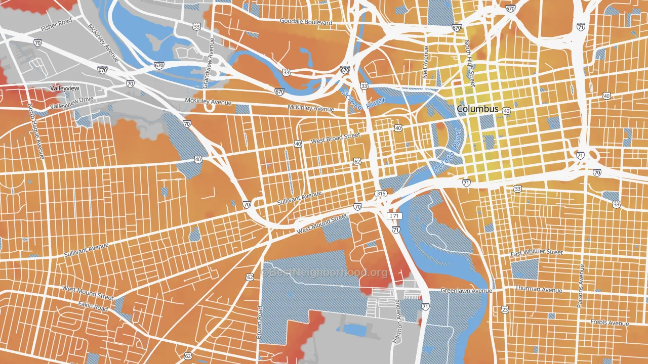 Transit Grade map of Franklinton, Columbus, OH
