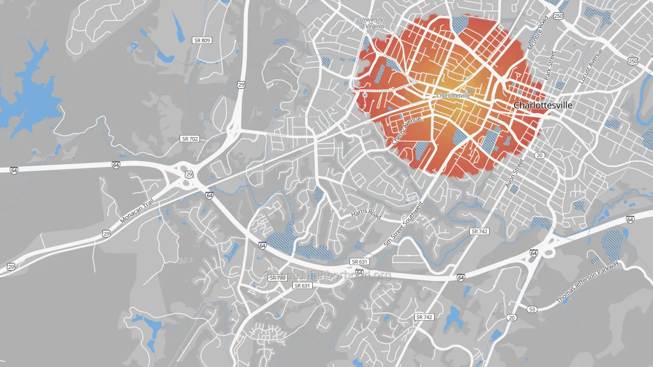 Transit Grade map of Fry Springs, Charlottesville, VA