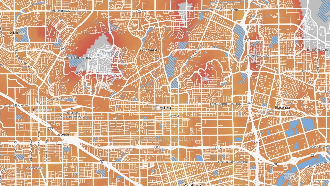 Transit Grade map of Fullerton, CA