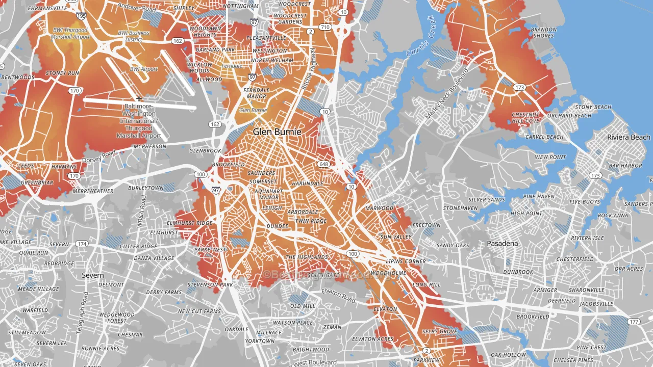 Transit Grade map of Glen Burnie, MD