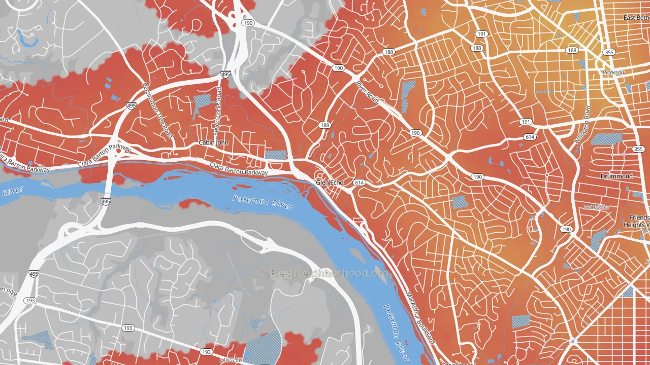 Transit Grade map of Glen Echo, MD