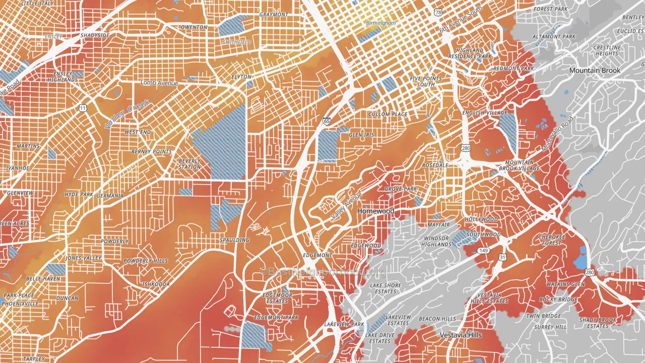 Transit Grade map of Glen Iris, Birmingham, AL