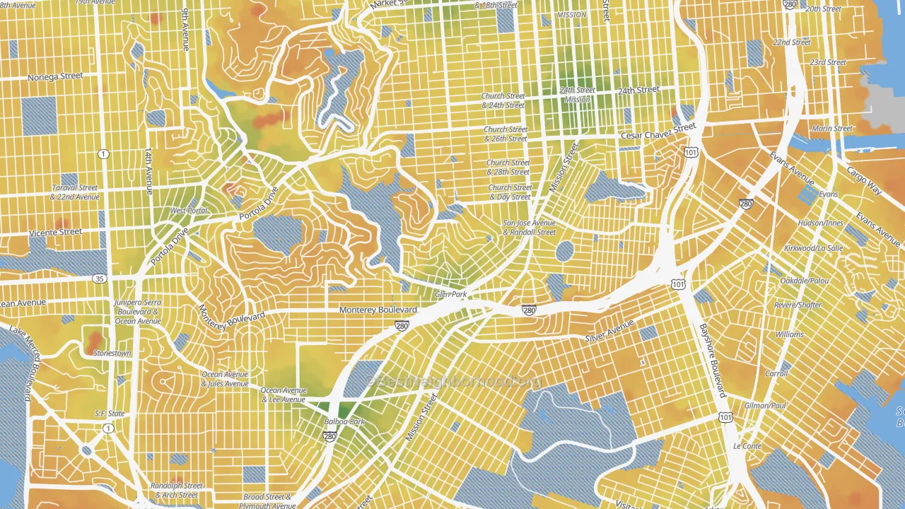 Transit Grade map of Glen Park, San Francisco, CA