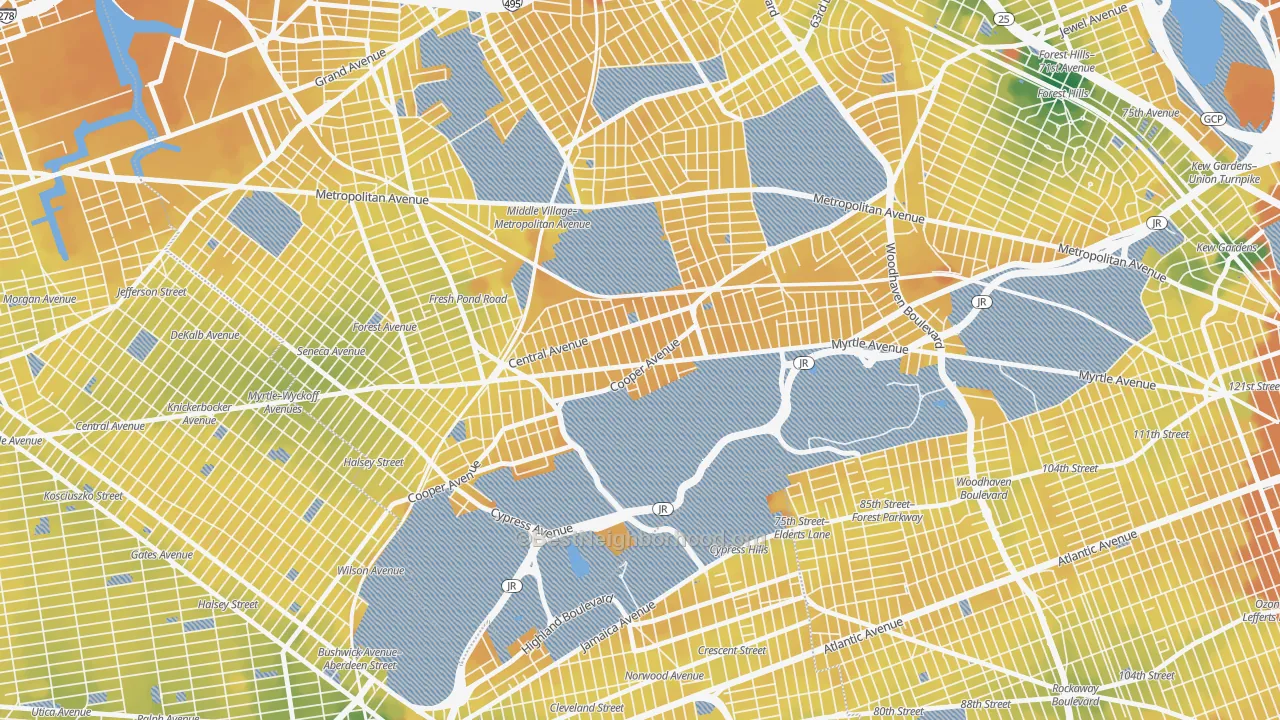 Transit Grade map of Glendale, Queens, NY