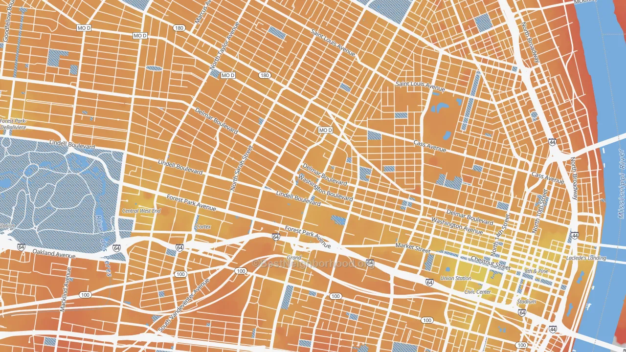 Transit Grade map of Grand Center, St. Louis, MO