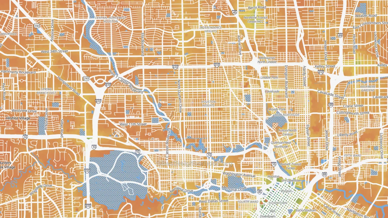 Transit Grade map of Greater Heights, Houston, TX