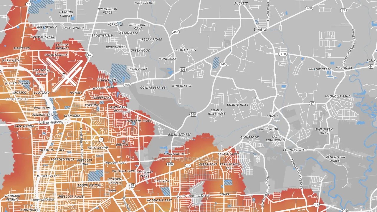 Transit Grade map of Greenwell Springs-Central Area, Baton Rouge, LA