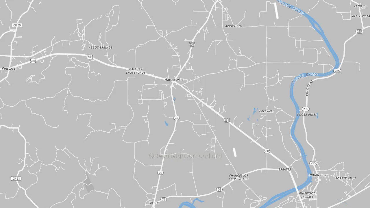 Transit Grade map of Harpersville, AL
