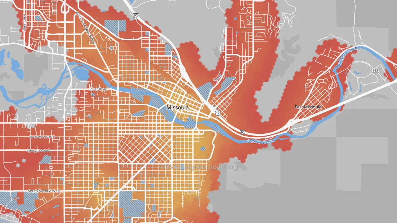 Transit Grade map of Heart of Missoula, Missoula, MT