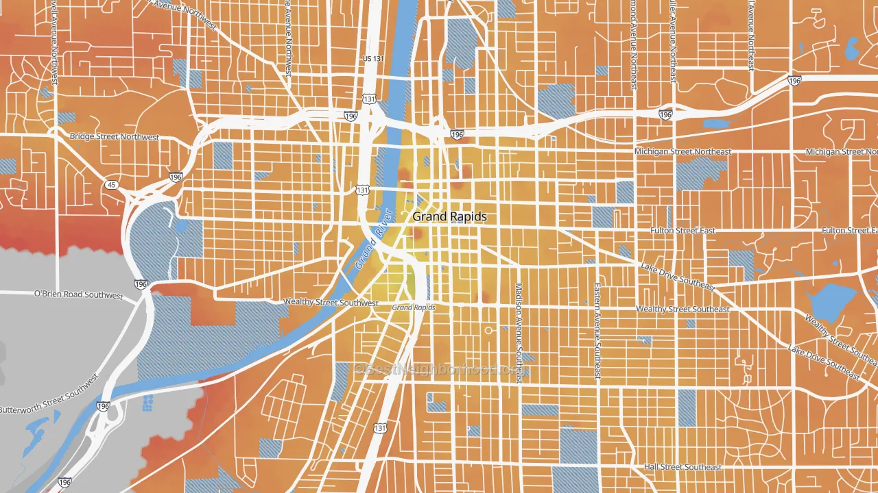 Transit Grade map of Heartside-Downtown, Grand Rapids, MI