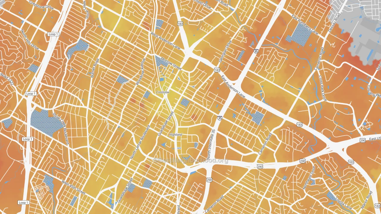 Transit Grade map of Highland, Austin, TX