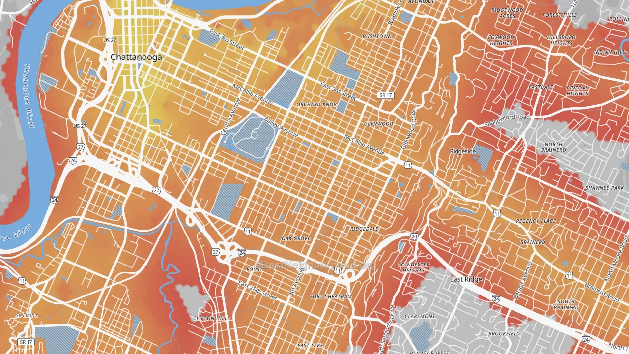 Transit Grade map of Highland Park, Chattanooga, TN