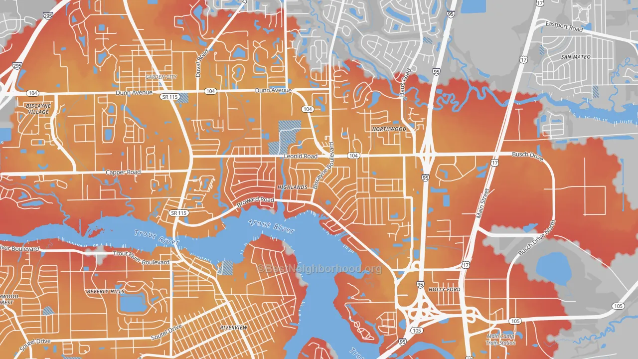 Transit Grade map of Highlands, Jacksonville, FL