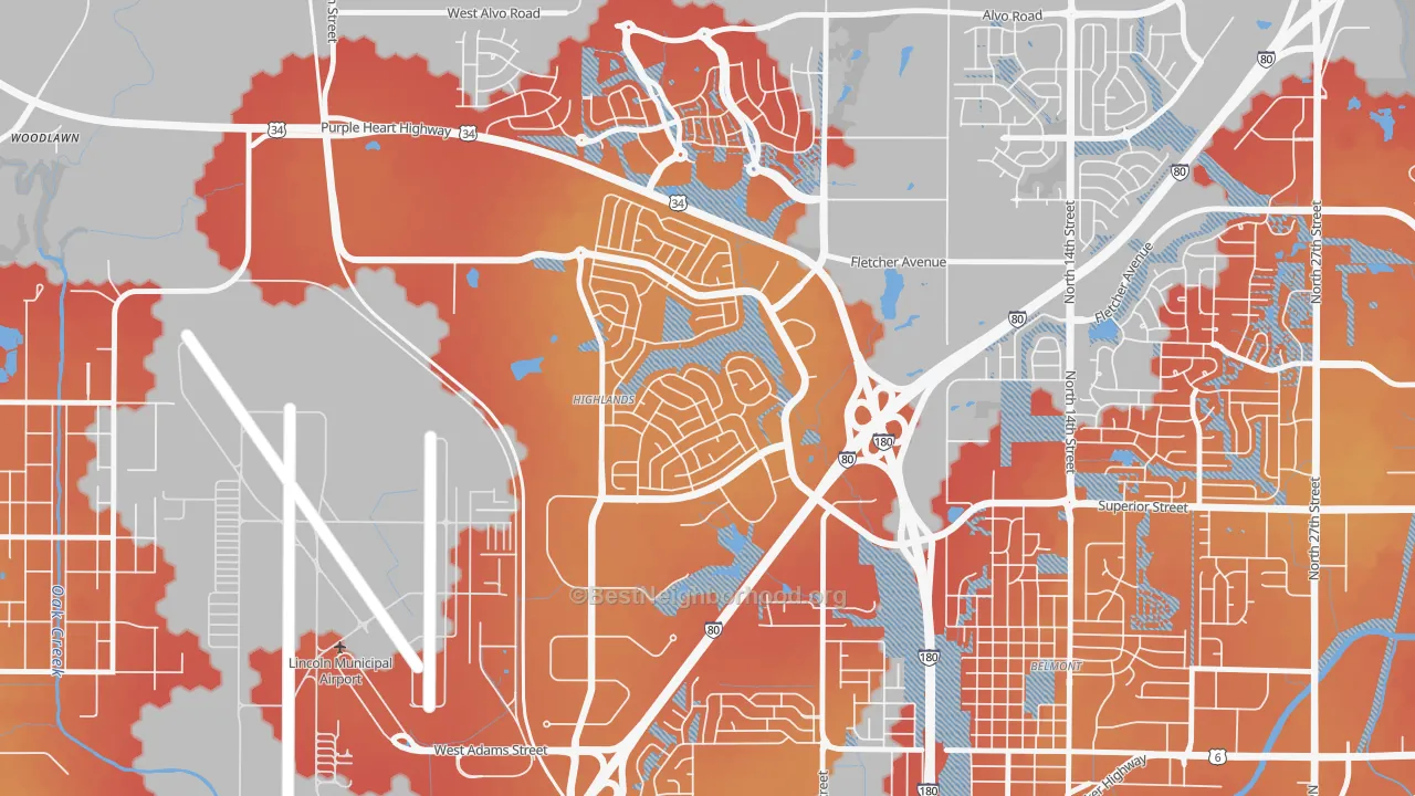 Transit Grade map of Highlands, Lincoln, NE