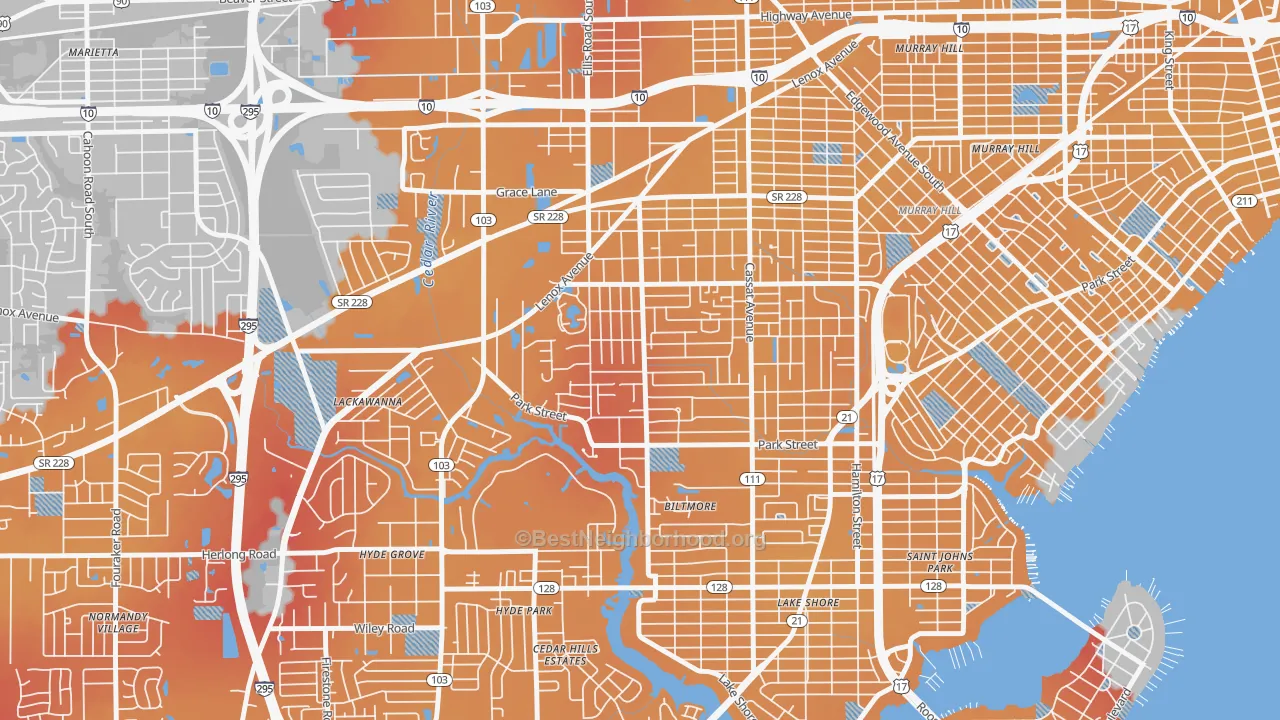 Transit Grade map of Hillcrest, Jacksonville, FL