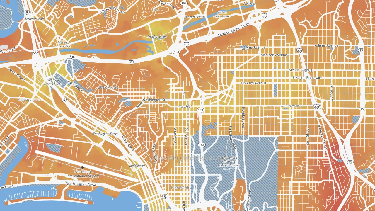 Transit Grade map of Hillcrest, San Diego, CA