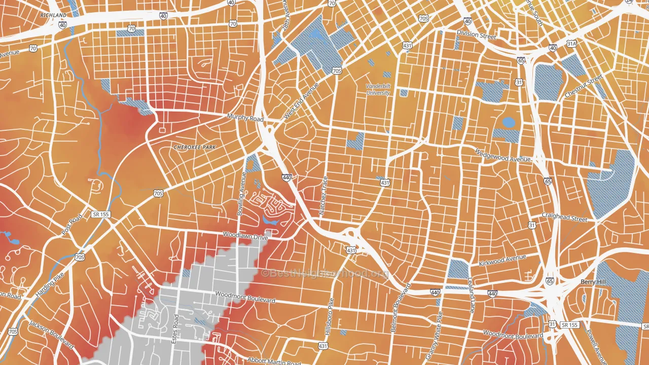 Transit Grade map of Hillsboro West End, Nashville, TN