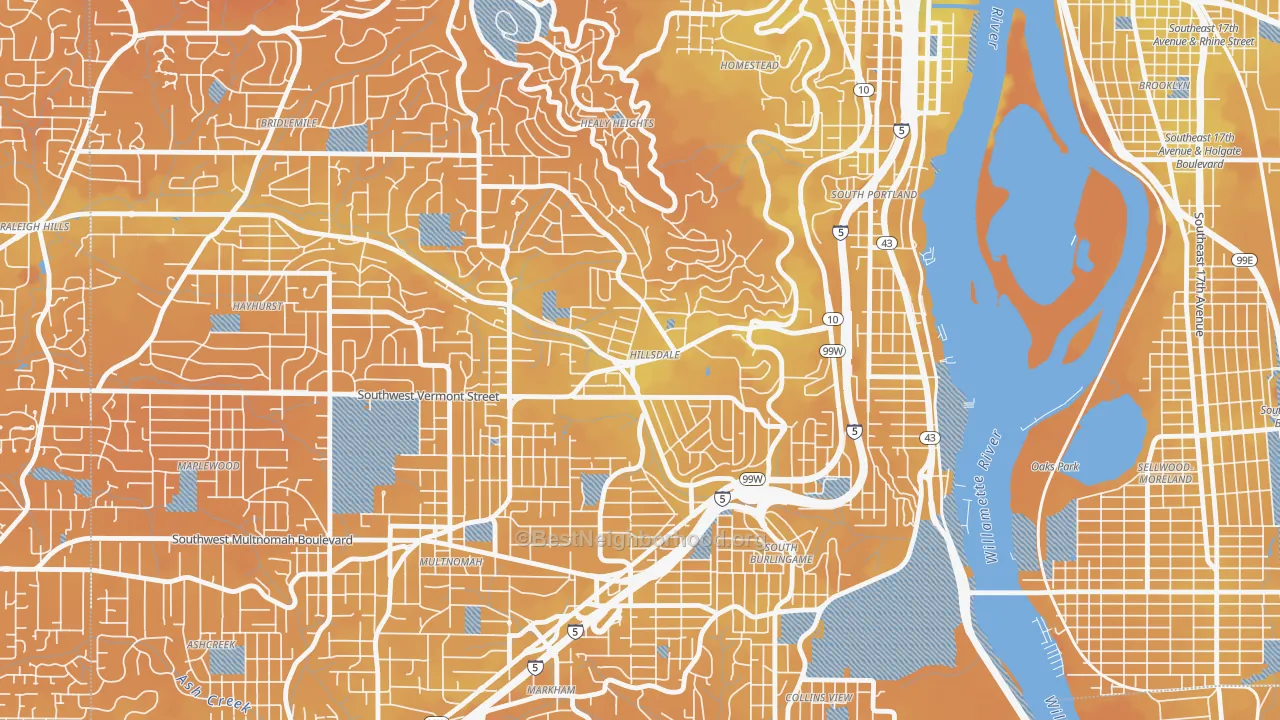 Transit Grade map of Hillsdale, Portland, OR
