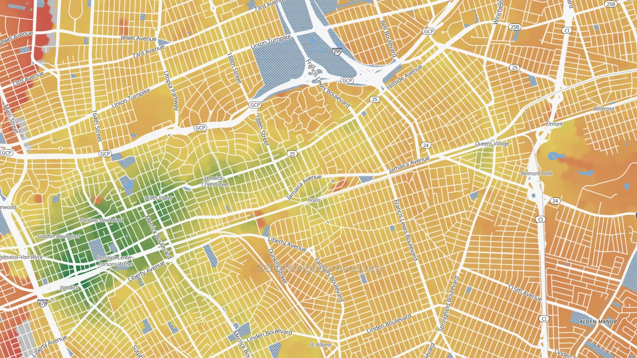 Transit Grade map of Hollis, Queens, NY