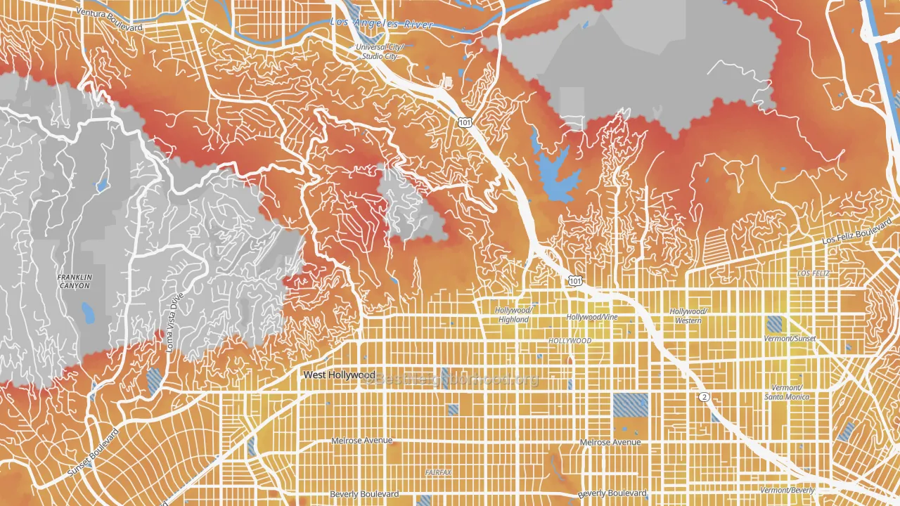 Transit Grade map of Hollywood Hills, Los Angeles, CA
