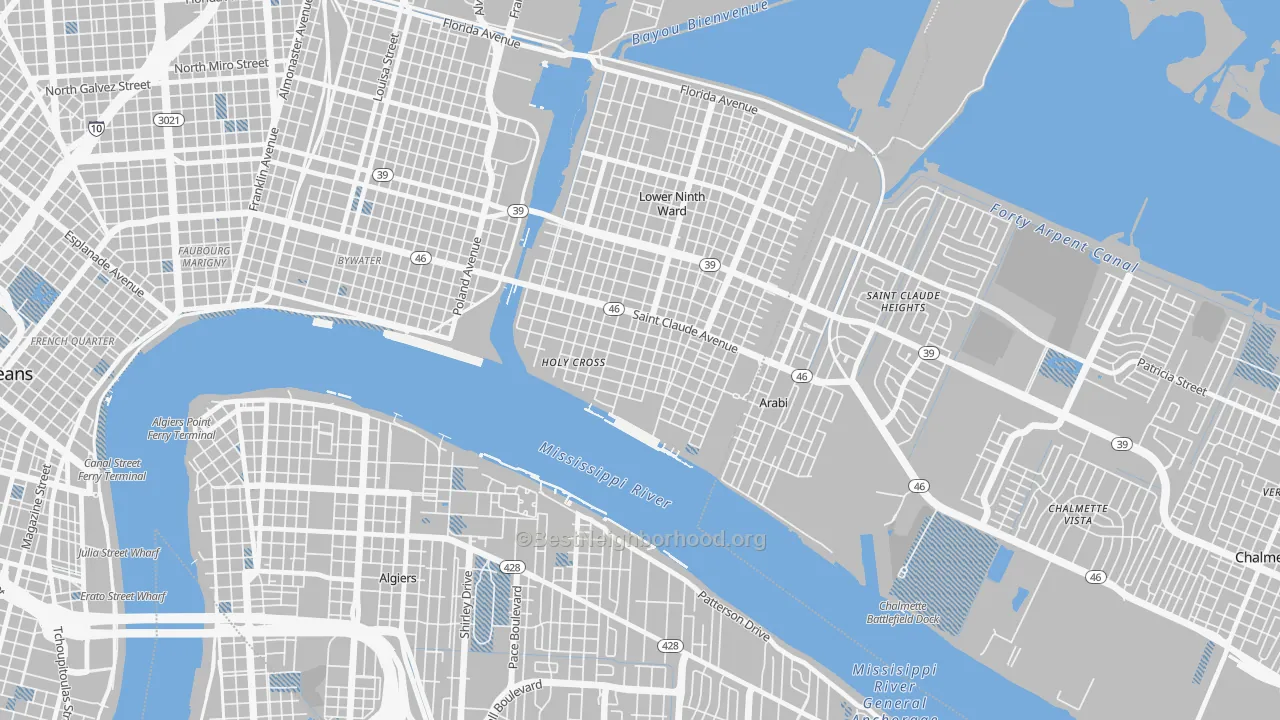 Transit Grade map of Holy Cross, New Orleans, LA
