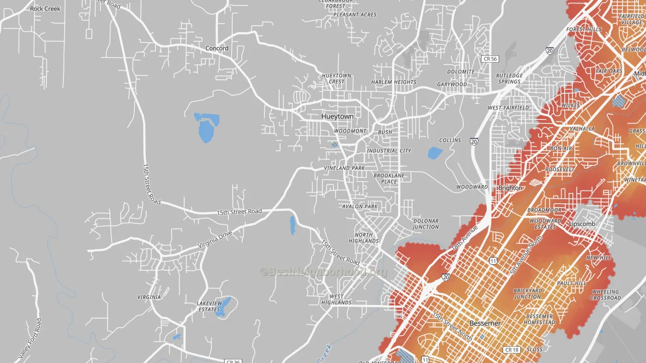 Transit Grade map of Hueytown, AL