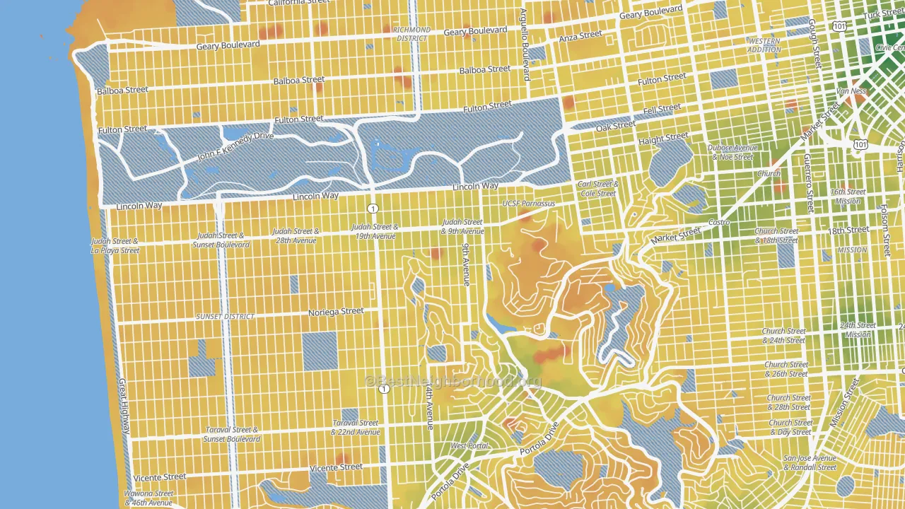 Transit Grade map of Inner Sunset, San Francisco, CA