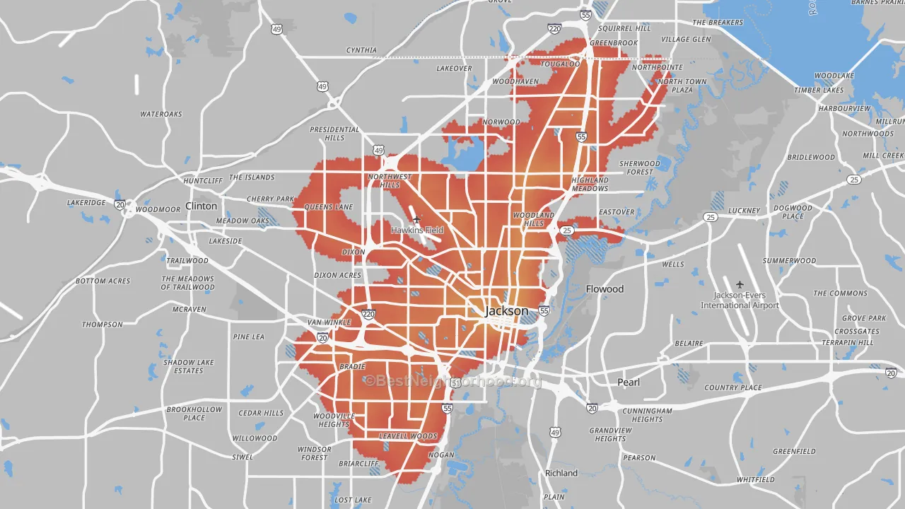 Transit Grade map of Jackson, MS