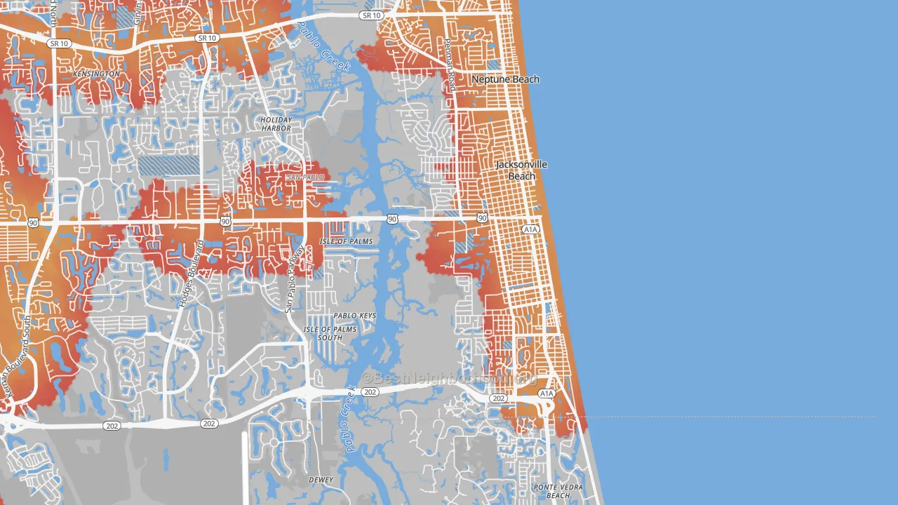 Transit Grade map of Jacksonville Beach, FL