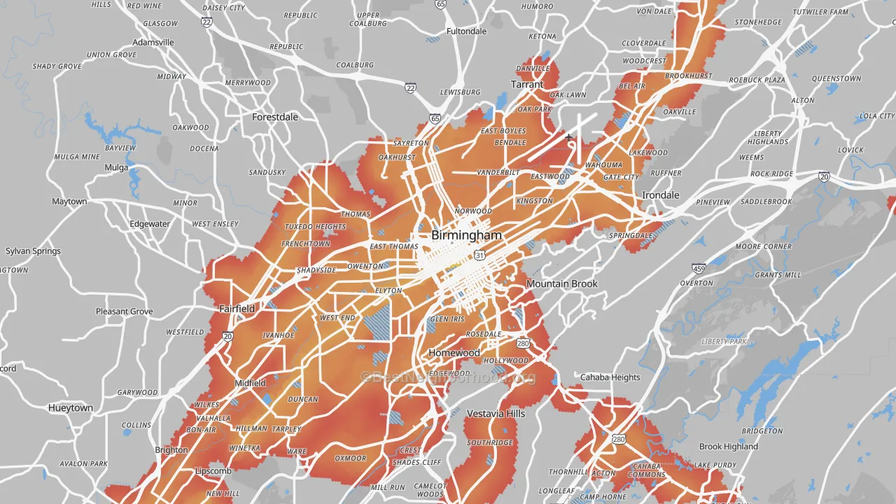 Transit Grade map of Jefferson County, AL