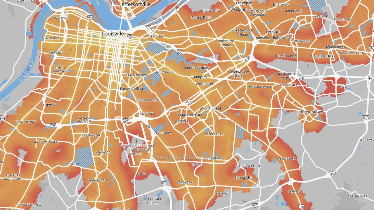 Transit Grade map of Jefferson County, KY