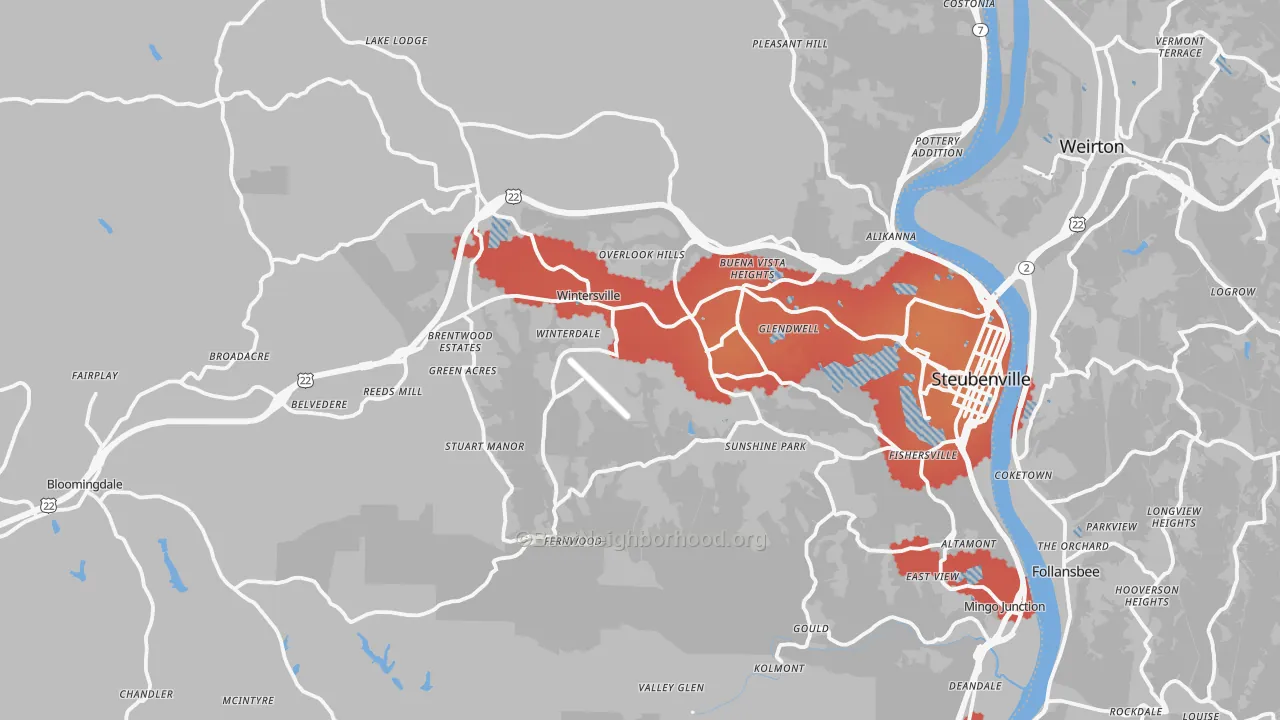 Transit Grade map of Jefferson County, OH