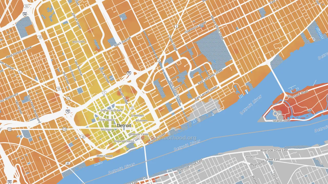 Transit Grade map of Lafayette Park, Detroit, MI