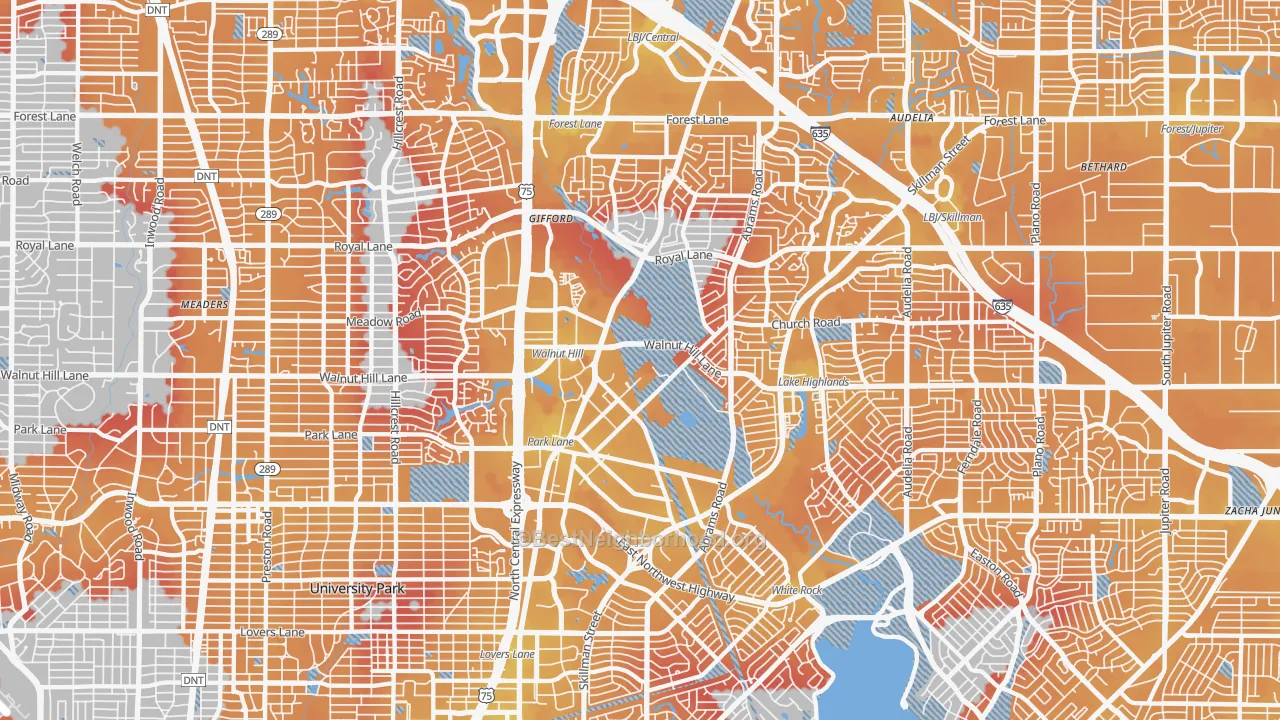 Transit Grade map of Lake Highlands, Dallas, TX