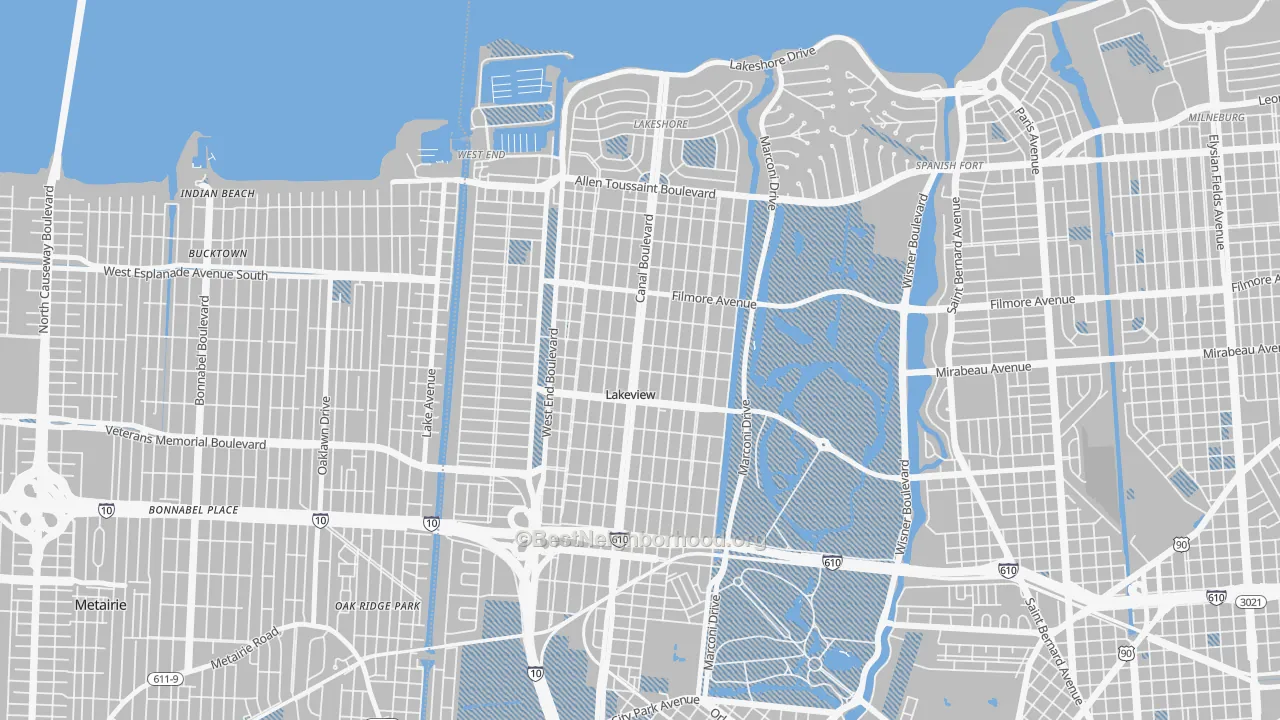 Transit Grade map of Lakeview, New Orleans, LA